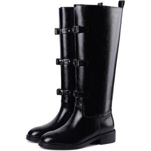 Women's C-black Round Toe Wide Calf Chunky Low Heel Pull Knee High Boots Rubber